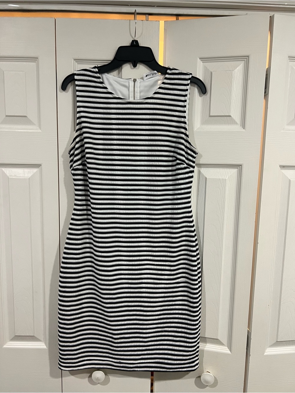 Calvin Klein Black and White Striped Sleeveless Sheath Dress